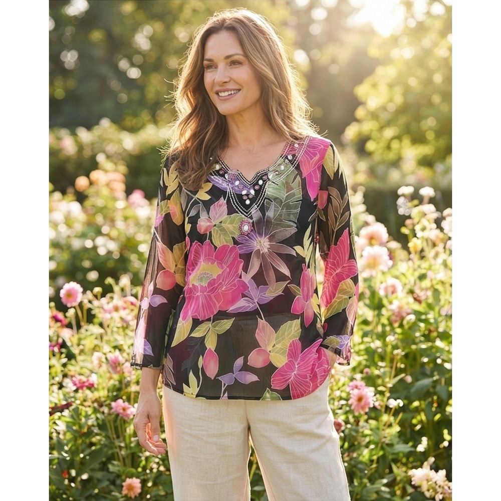Celina L/XL Floral Beaded VNeck Chiffon Blouse Black Pink Romantic‎ Flirty Flowy
